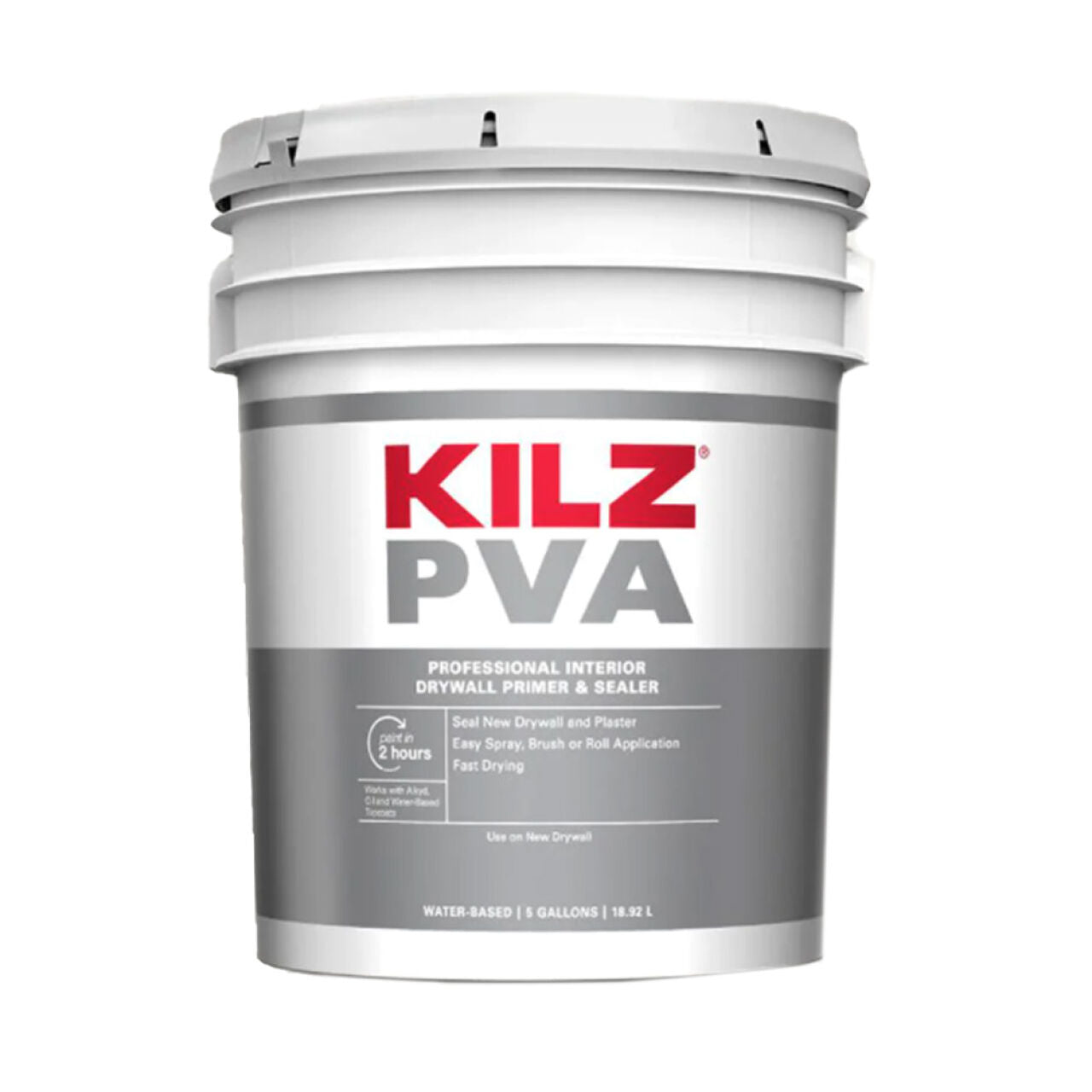 A white 5-gallon bucket of Go Build 5 gal. Interior PVA Drywall Primer features bold red and gray labeling with usage info; this water-based primer and sealer is ideal for professional interior drywall projects.